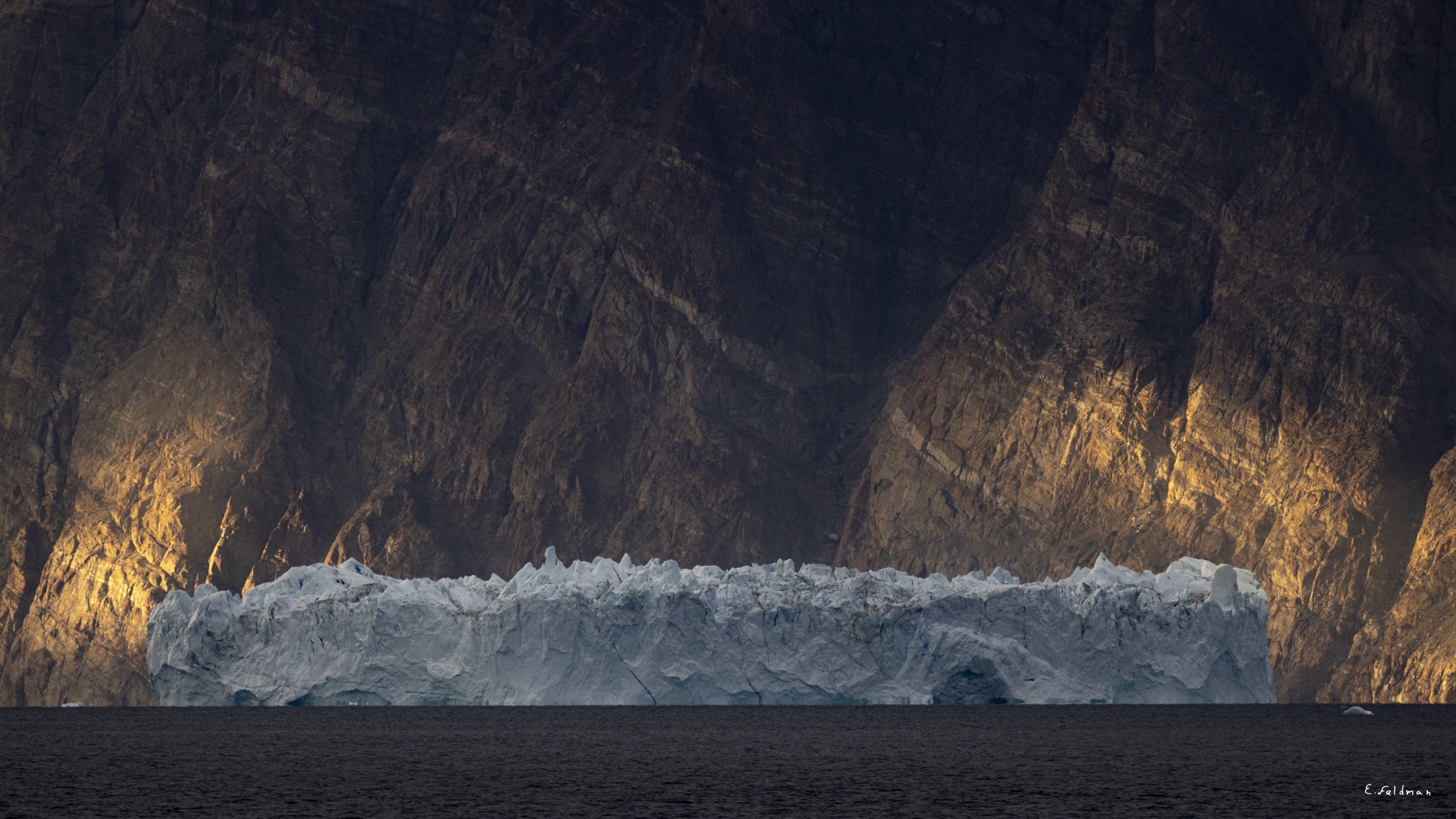 A glacier front beneath dark cliffs in East Greenland